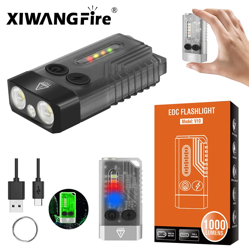 

V10 EDC Keychain LED Fluorescence Flashlight Type-C Rechargeable Torch Work Light Magnet Buzzer 365nm UV Lantern 1000LM