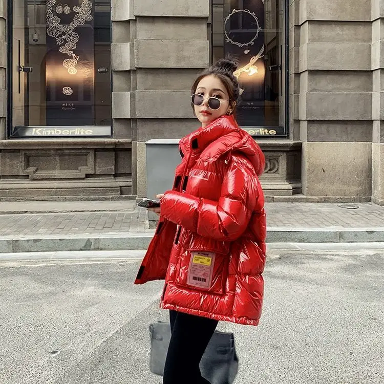 Hooded Down Women's Parka Fashion Mid-length Jacket Coat Bright Gloosy Padded Jacket Loose Warm Cotton Padded News Clothes S52