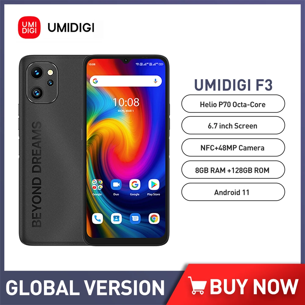 

UMIDIGI F3 Android 11 Smartphone 6.7 Inch Mobile Phone 48MP Triple Camera MTK Helio P70 8GB RAM 128GB ROM 5150mAh NFC Cellphone