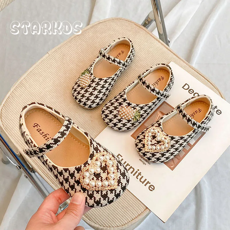 Girls Shoes Pearls Heart Princess Ballet Flats Kids Fruit Pineapple Buckle Mary Janes Children Brand Design Houndstooth Loafers