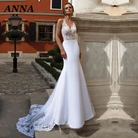 anna beauty sexy v neck appliques mermaid gown bohemia satin sweep train beach civil wedding dress 2022 vestido de novia custom