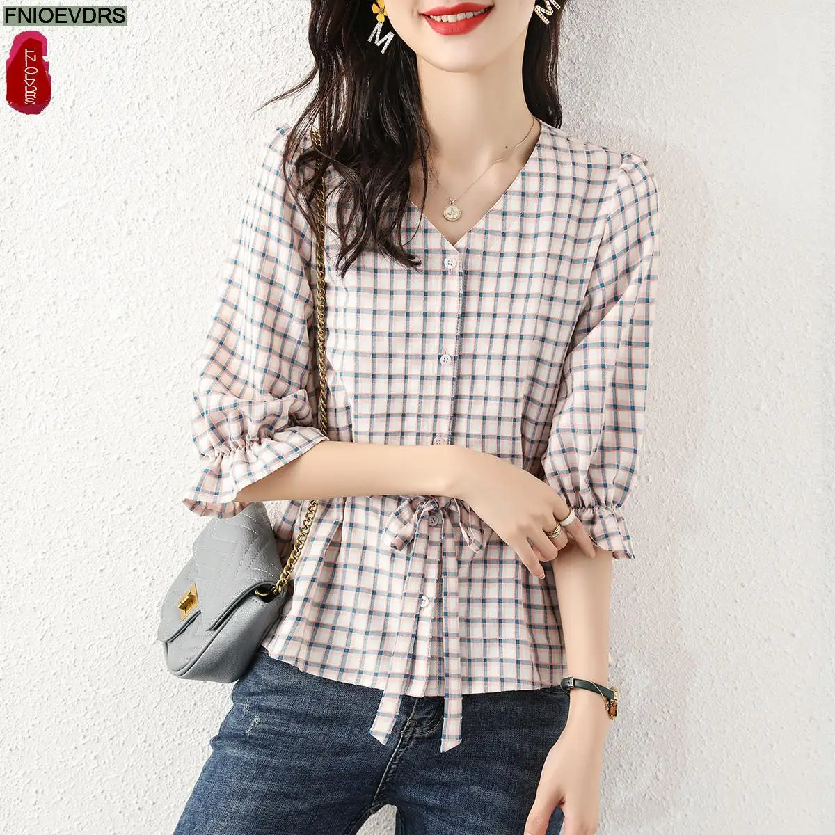 

S-3XL Basic Shirts Women 2023 Summer Office Lady Flare Sleeve Slim Waist Drawstring Vintage Retro Tops Blouses