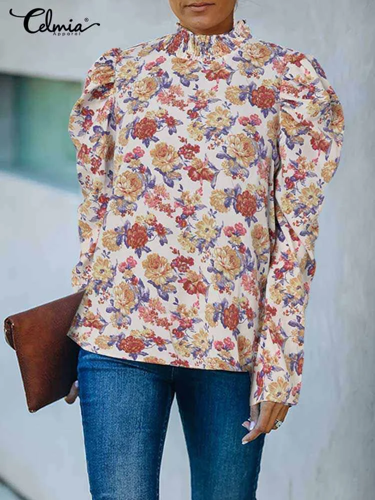 

Celmia Elegant Floral Print Blouses Shirring Turtleneck 2023 Fashion Gigot Sleeve Vintage Blusas Women Party Casual Shirts Femme