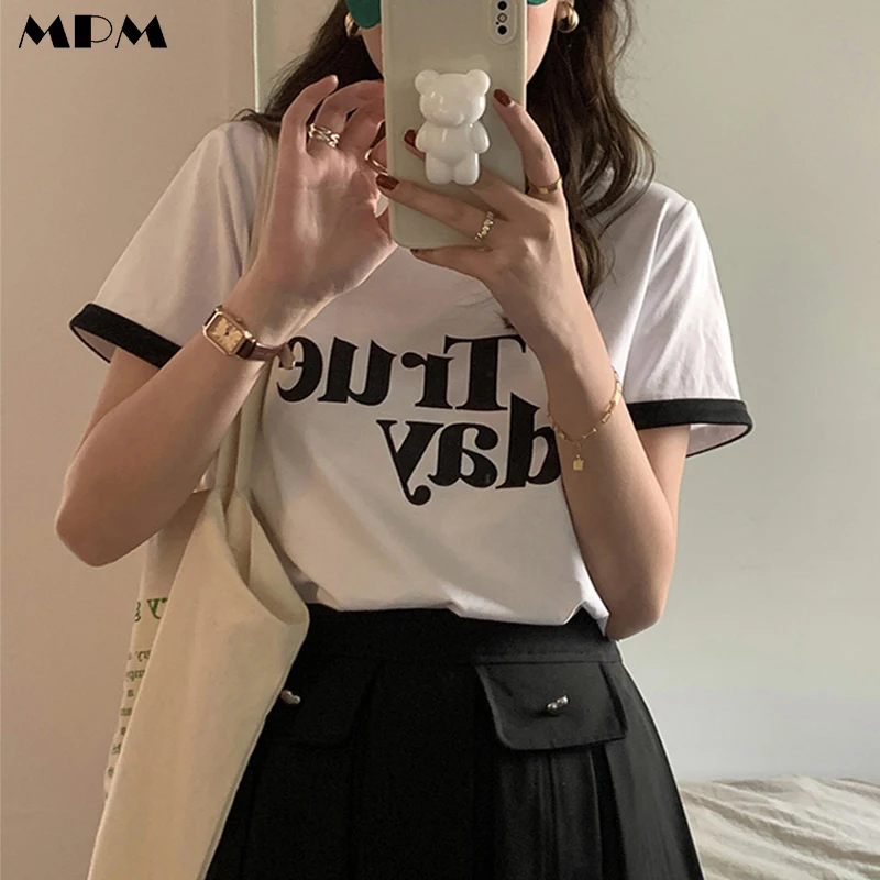 Casual Simple Women's Letter Print T-Shirt Loose Fashion O-Neck Contrast Short Sleeve Top All-Match Women's Clothing Summer 2022