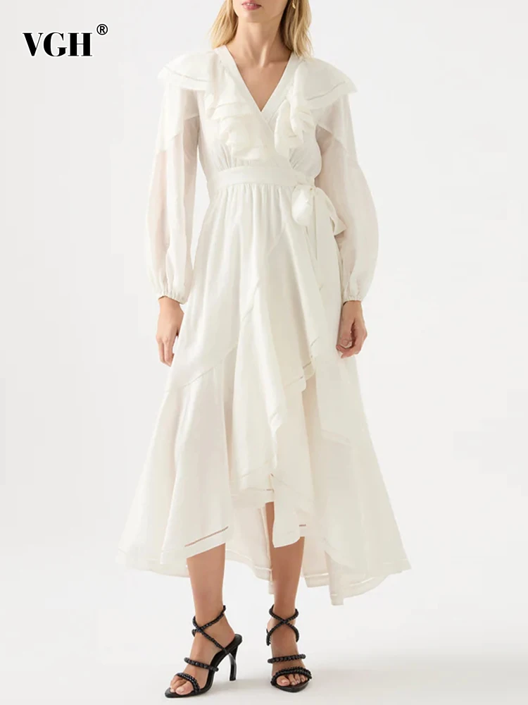 

VGH Solid Patchwork Ruffles Dresses For Women V Neck Long Sleeve High Waist Spliced Lace Up Loose Minimalist Dress Female Style