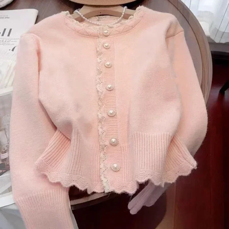 Корейский вязаный кардиган jpaa милый корейский модный кружевной лоскутный нежный