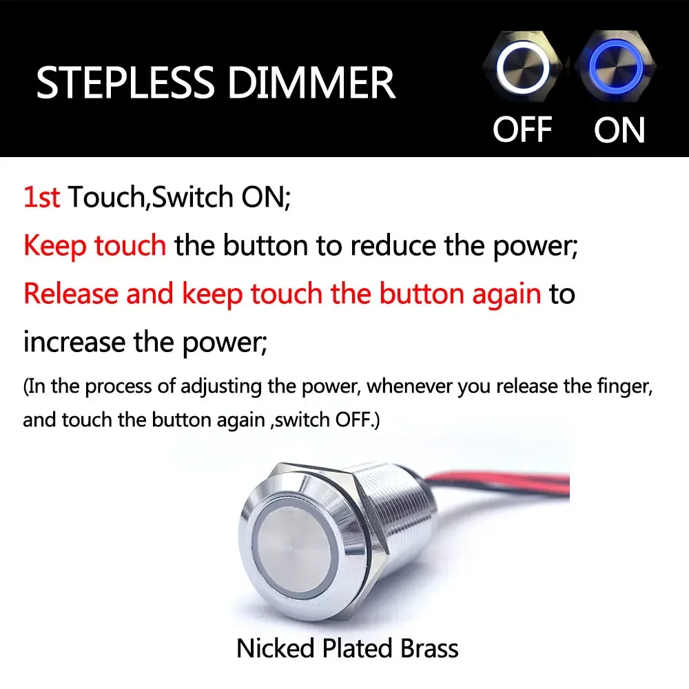 

Сенсорные переключатели 16 мм 19 мм с круглой головкой, 12 В, 24 В, светодиодный диммер, металлический сенсорный переключатель, бесступенчатая кнопка Segmente, белый, синий, двойной светильник