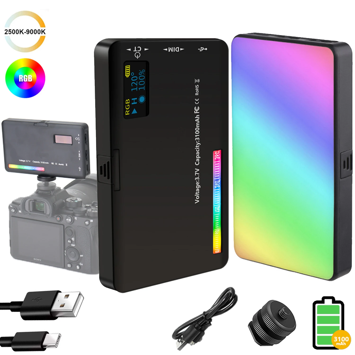 

2500K-9000K Bi-Color Panel Light CRI 95+ Rechargeable 3100mAh LED RGB Camera Light Full Color Output Video Light Kit Dimmable