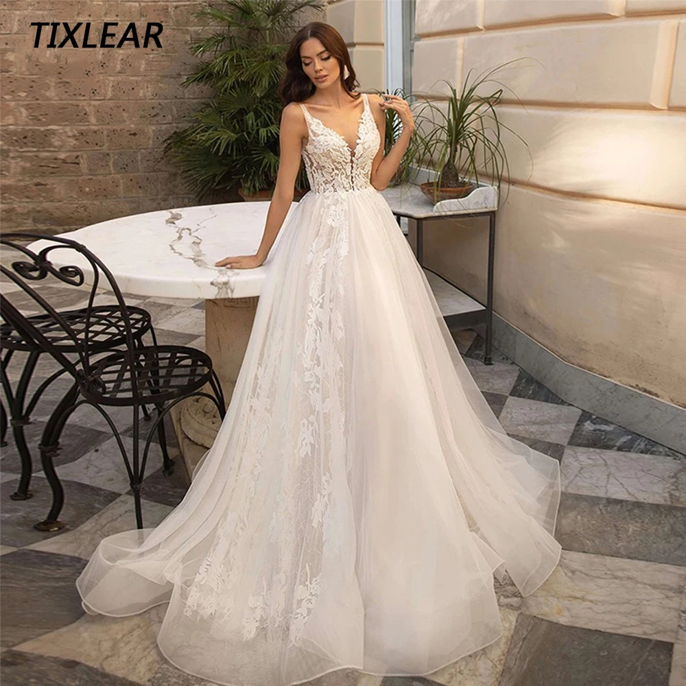 

TIXLEAR Elegant A-Line Wedding Dresses V-Neck Sleeveless Appliques Illusion Button Tulle Bridal Gown Floor Length Vestidos New