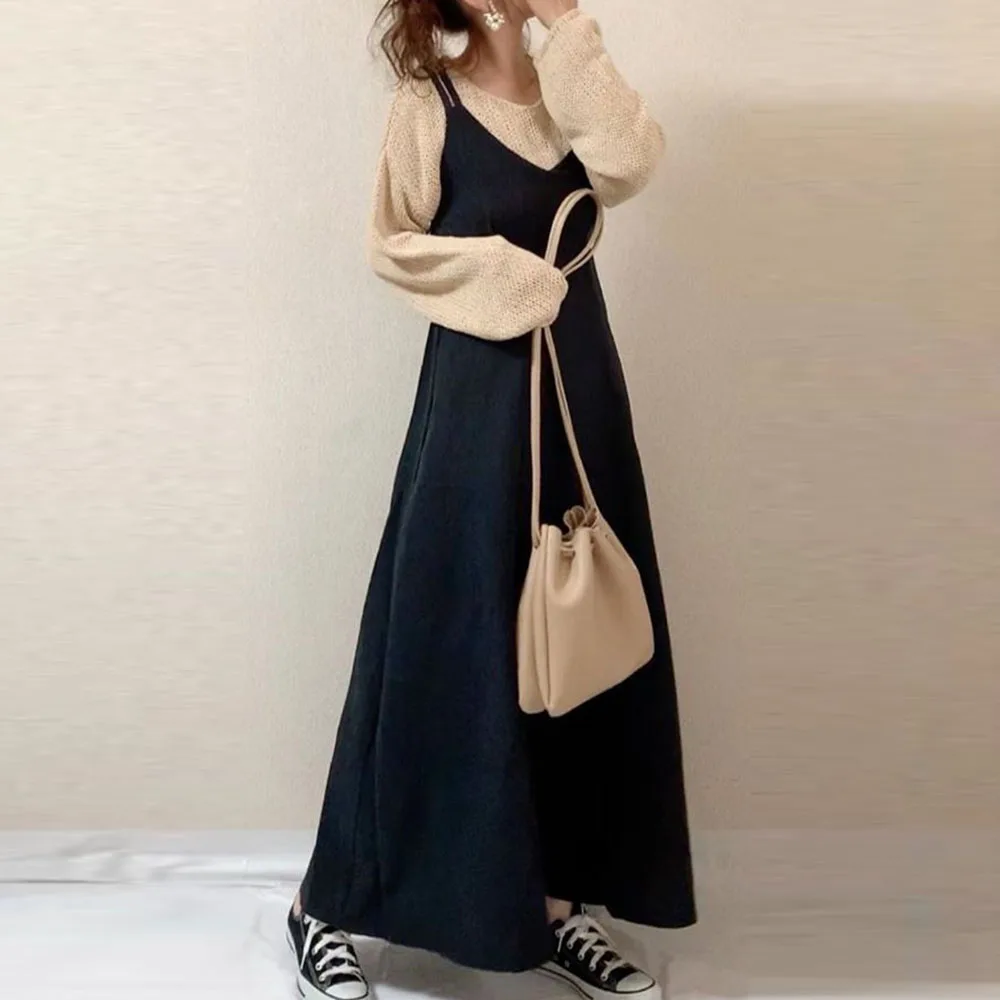 

Sleeveless Ankle-Length V-Neck High Waist Women's Dress Black Korean Fashion One Piece Dress Plain A Line Casual Loose Vestidos