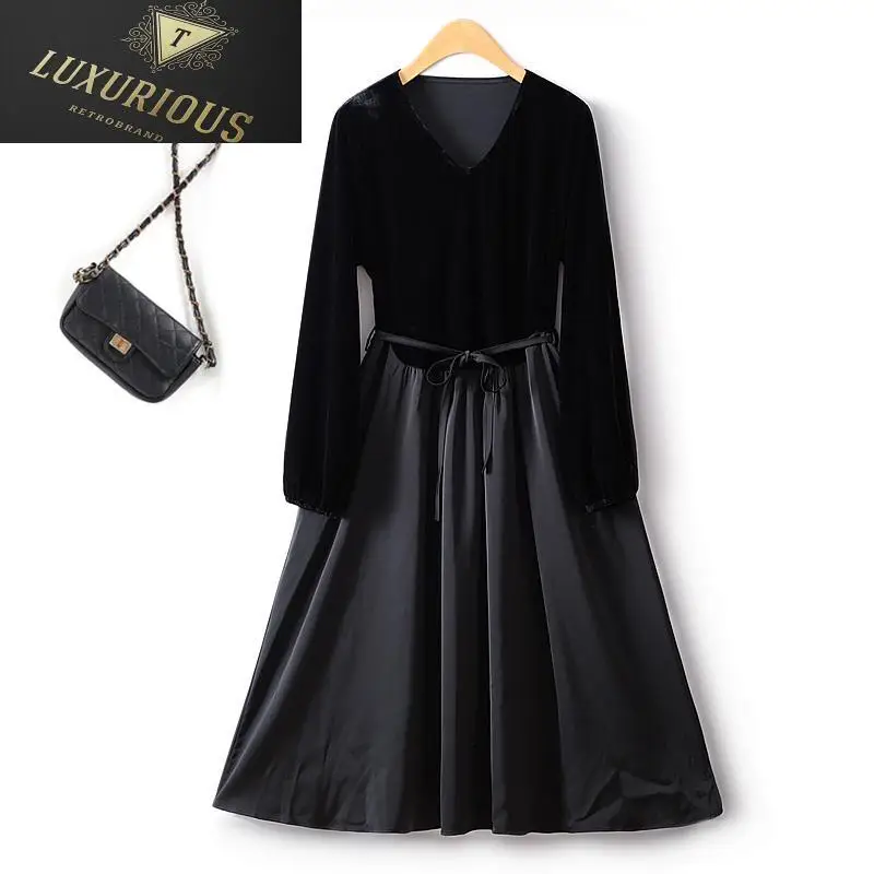 

Elegant And Pretty Women's Dresses 2023 New V-neck Waist Slim Velvet Drape Chiffon Hepburn Autumn Y2k Long Female Dress 4XL