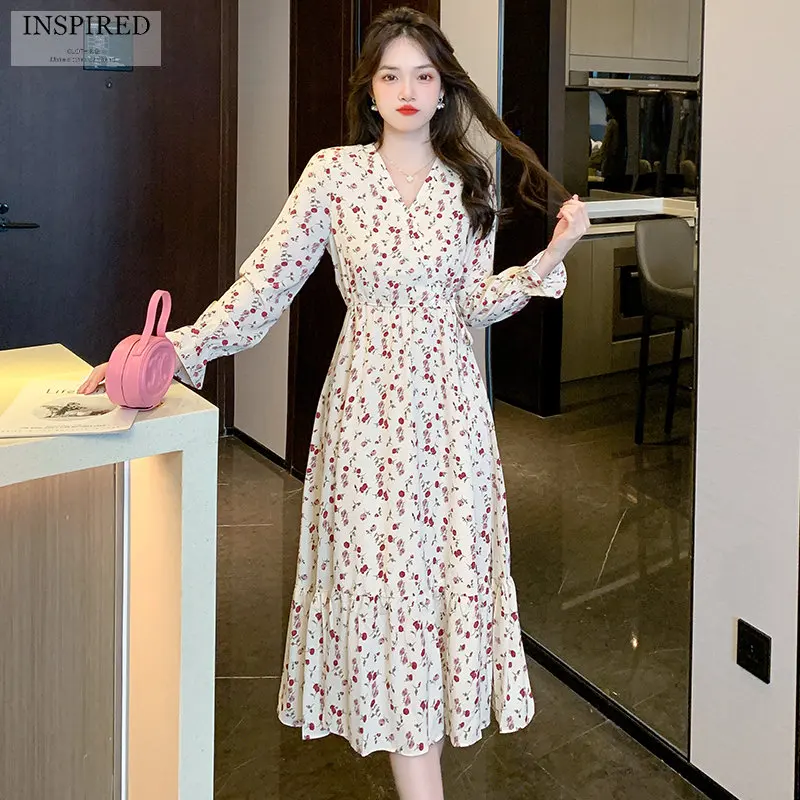 

Gentle Ethos Floral V-neck Dresses for Women 2022 Autumn New Style Casual Waist Waist Slim Long Sleeve Lady Office Long Dress