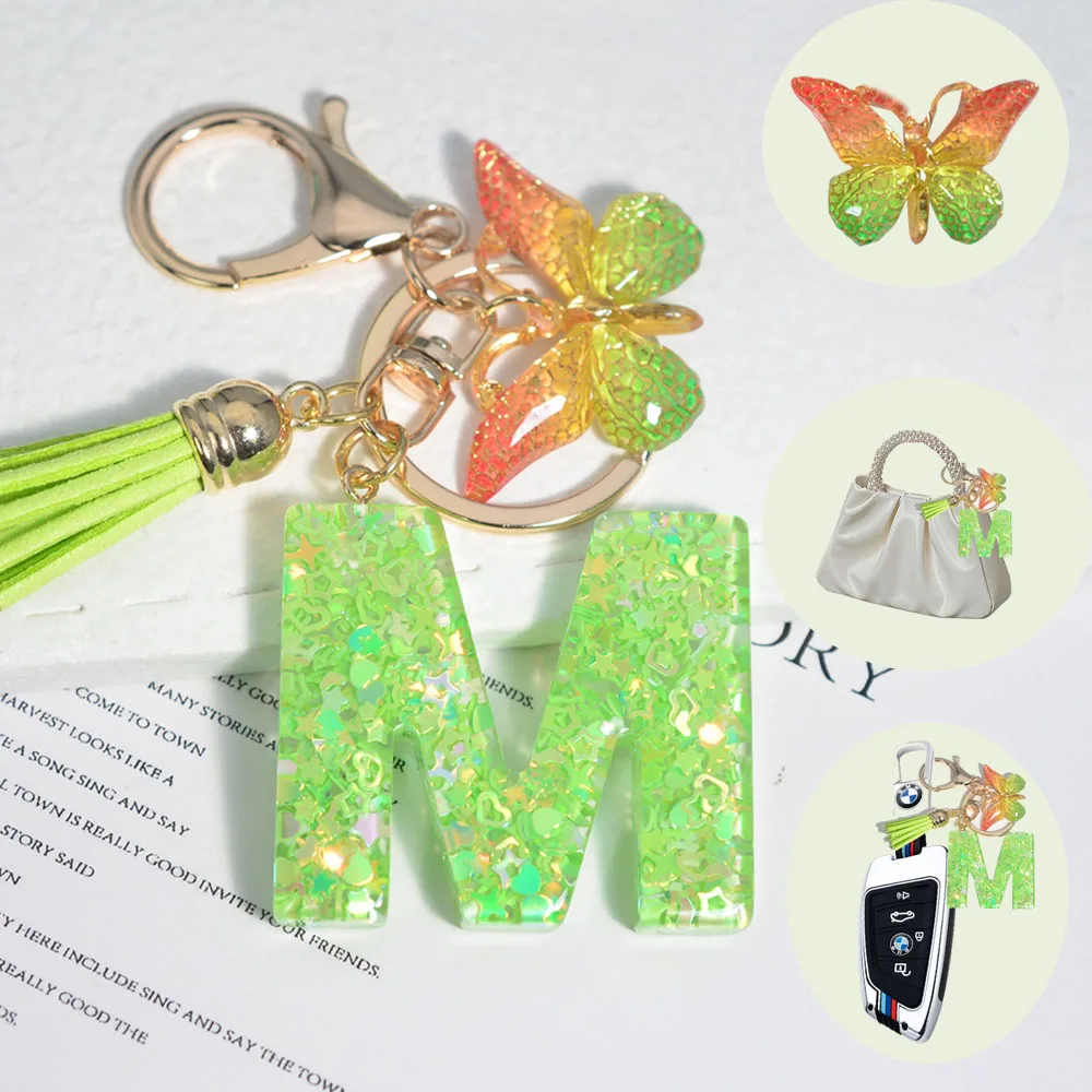 

Модный брелок для ключей с 26 инициалами алфавита Зеленая бабочка кисточка кольцо для ключей Звезда Любовь заполнение брелок Женская сумка Подвеска автомобильный брелок