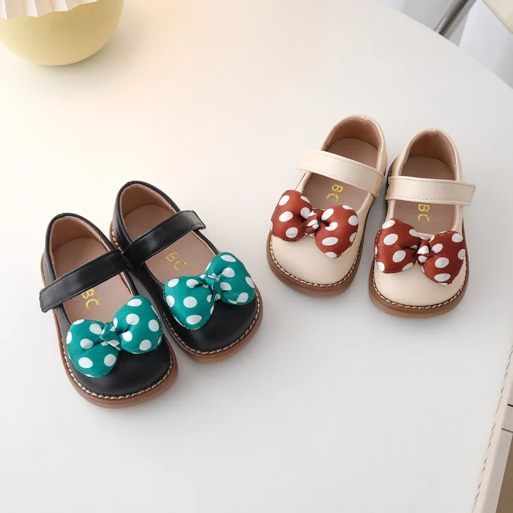 

Girls Soft Sole Microfiber Leather Shoes Polka Dot Bowtie-knot Solid Bridal Ballet Flats Mary Jane Toddler School Shoes