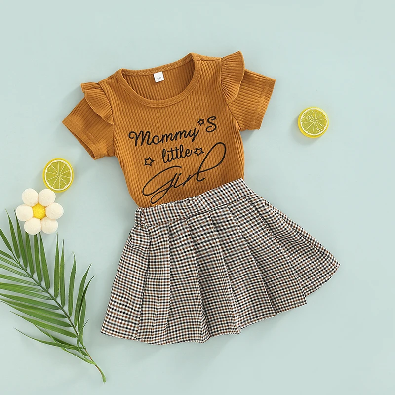 

Fashion Kids Girls Clothes Letter Printed Short Sleeve Ruffled Tops Plaid Pleated Short Skirt 2pcs Summer Clothes Sets