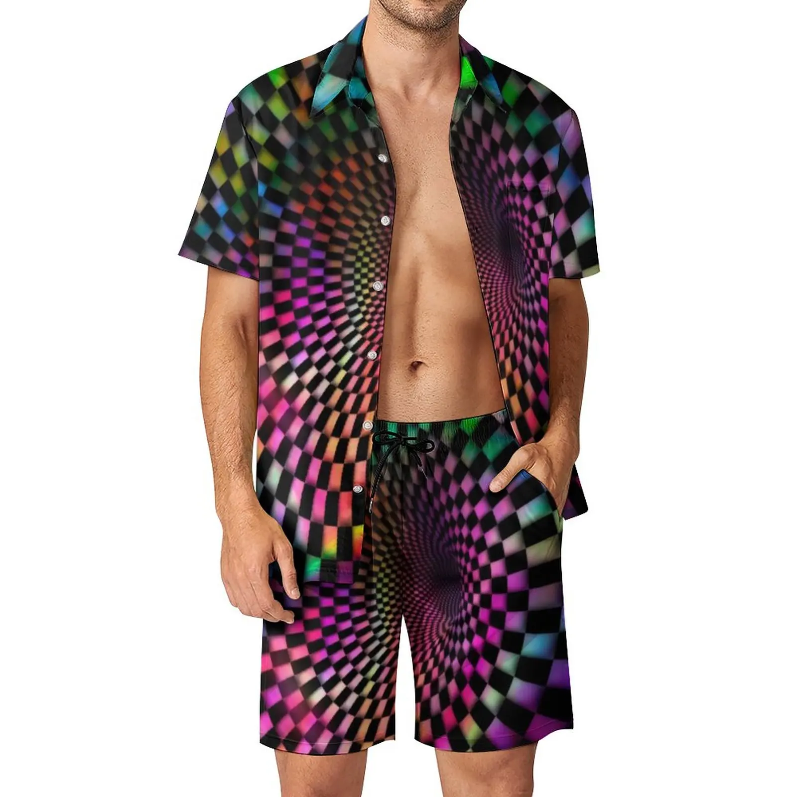 

3d Tie Dye Checkered Men Sets Optical Illusion Print Casual Shirt Set Retro Beachwear Shorts Summer Suit 2 Piece Plus Size