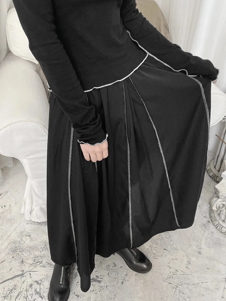 

UMI MAO Japanese Retro Yoji Yamamoto Midi Long Skirt Dark Black Uma Wind Anti-bone Open Line Art Loose Black Skirt Female