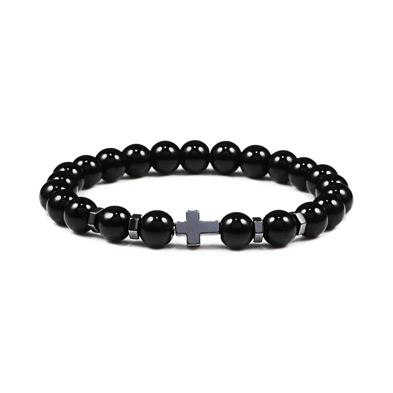 Мужские браслеты с крестом из гематита 8 мм натуральный оникс бусины женские для