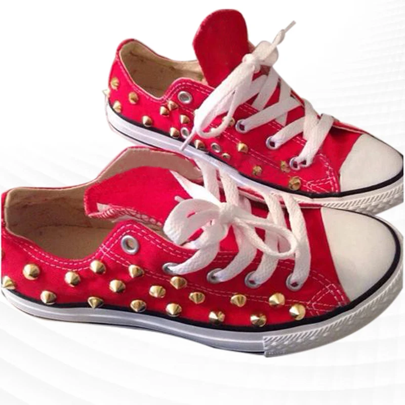 

Low Top Multicolor Rivet Canvas Sneakers Comfortable Walking Shoes Handmade Rivet Unisex Vulcanized Shoes 35-46
