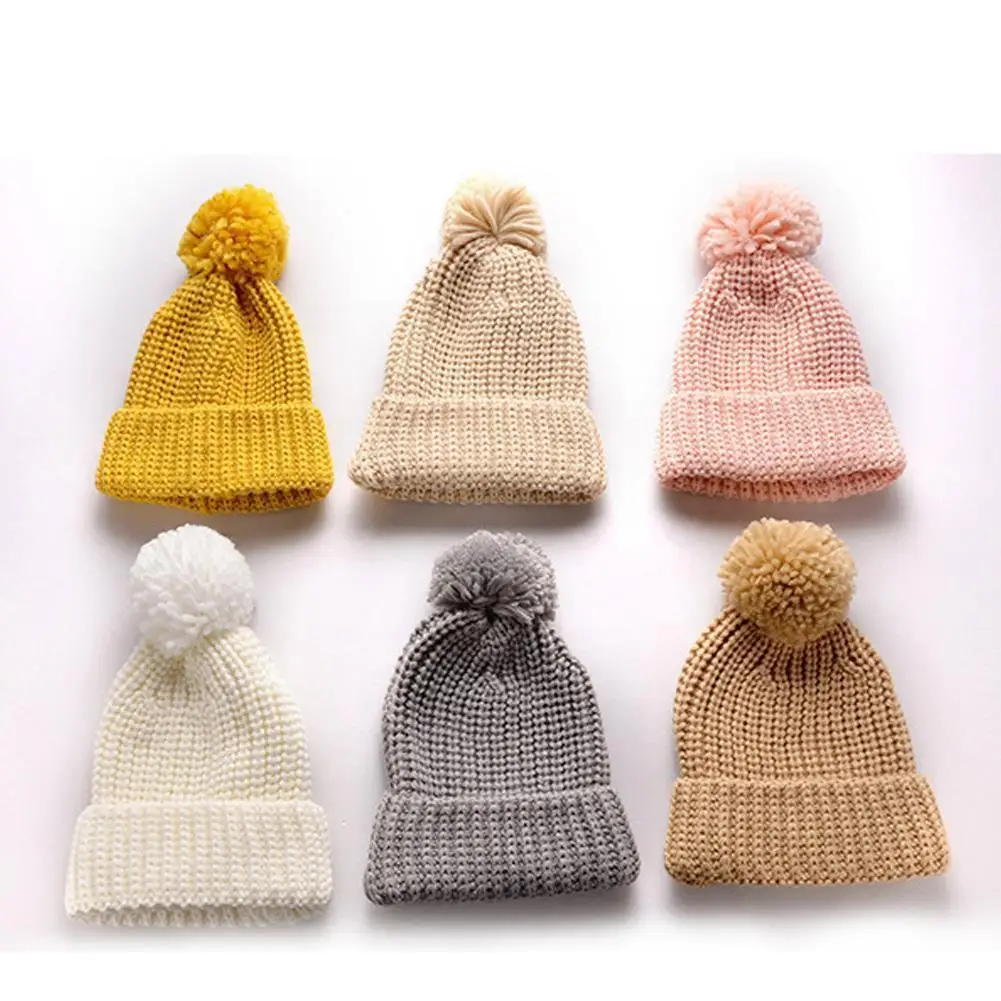 

Children Thick Warm Knitted Hat with Pom Pom Color Crochet Hat Kids Pompom Beanie Girls Winter Beanies Fur Cute Hat F3Z3