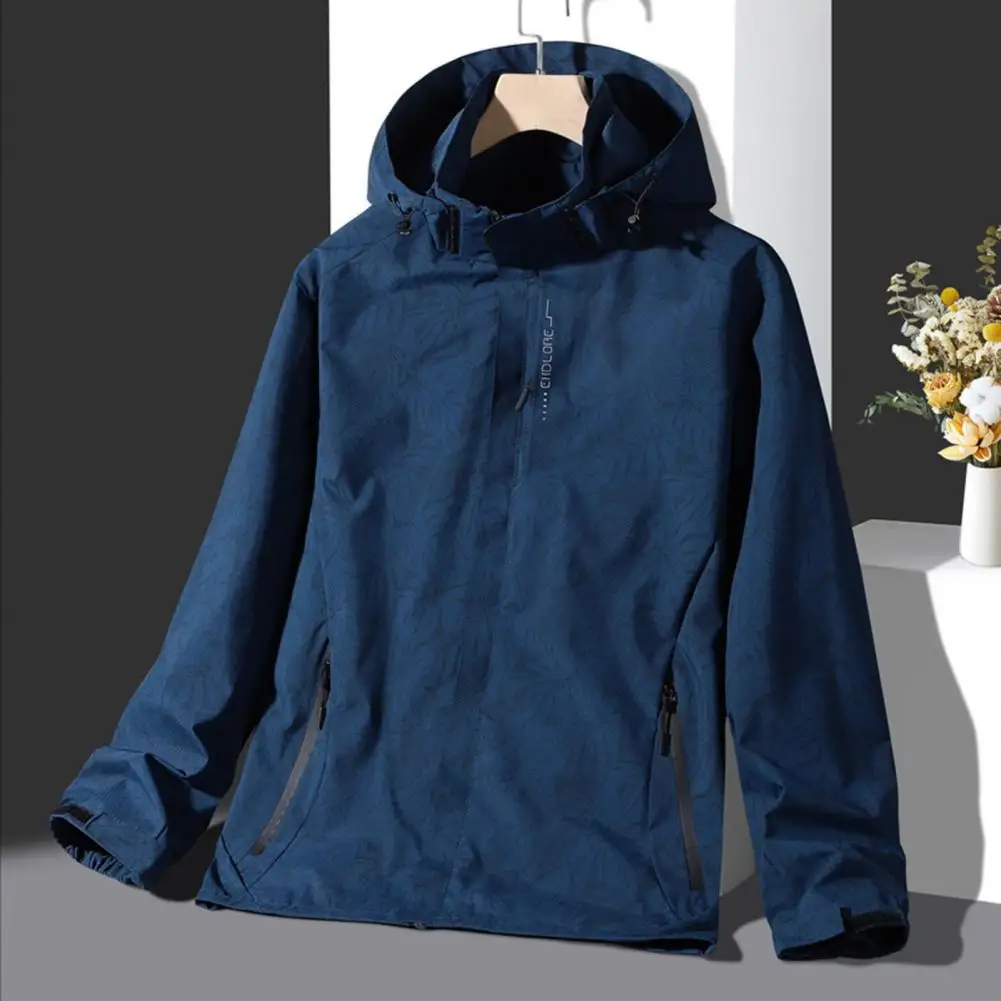 

Men Spring Fall Jacket Waterproof Hooded Zip Up Men Jacket Unisex Smooth Long Sleeve Windproof Fasten Tape Couple Outdoor Jacket
