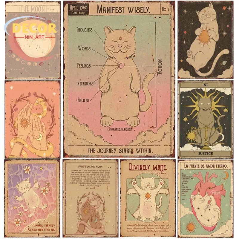 

Constellation Nursery Wall Art Metal Tin Sign Poster Tarot Card Astrology Boho Zodiac Cat Print Painting Room Home Decor Picture