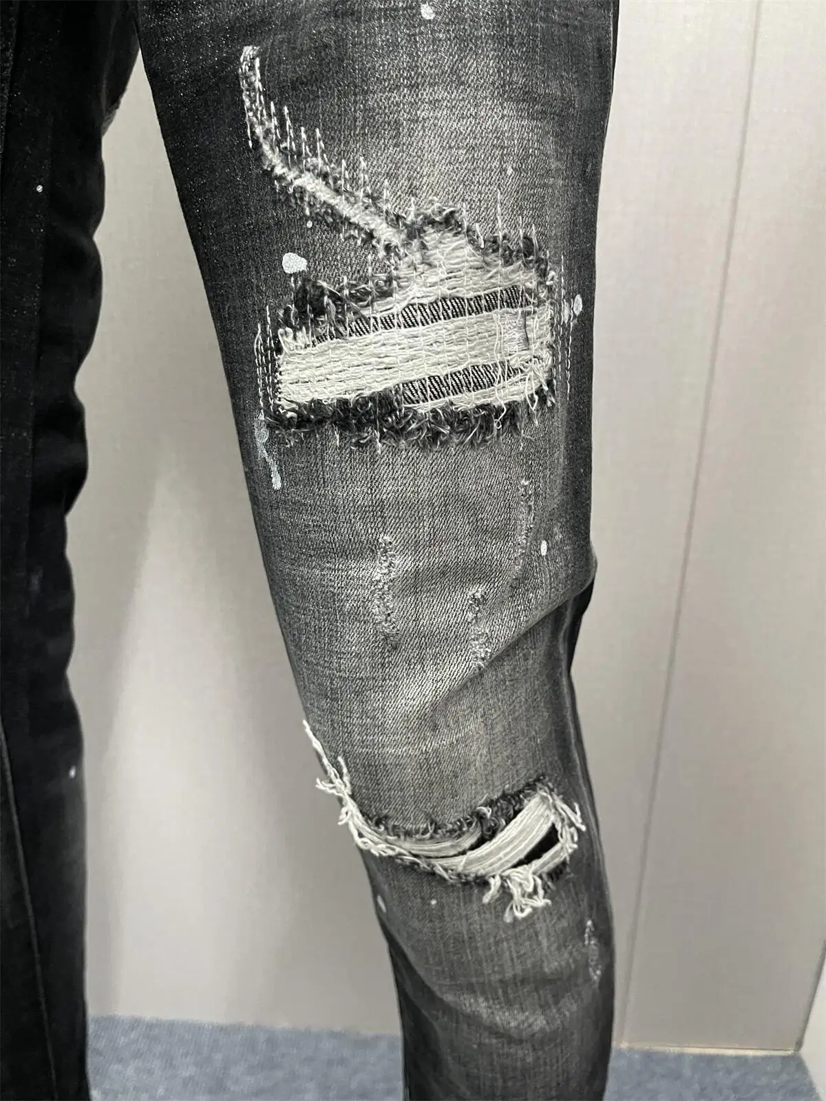 2023 Spring/Summer New  Jeans Water Wash Worn Hole Patch Paint Trendy Men's Letter Printing Slim Fit Micro Elastic  Denim Pa