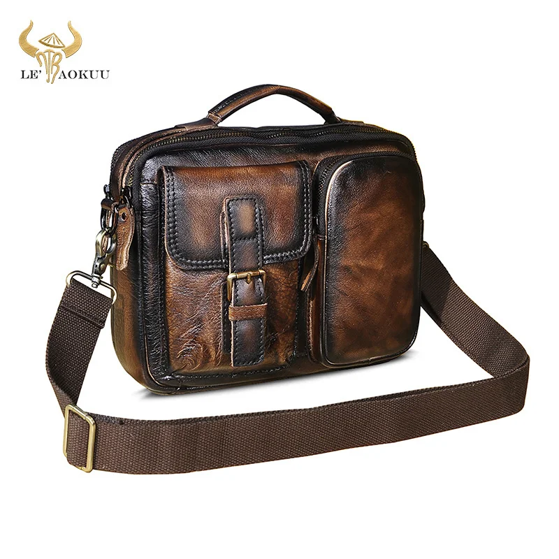 

Genuine Real Leather Design Male Coffee Shoulder messenger bag fashion Cross-body Bag 9" Travel Tote Mochila Satchel bag 036
