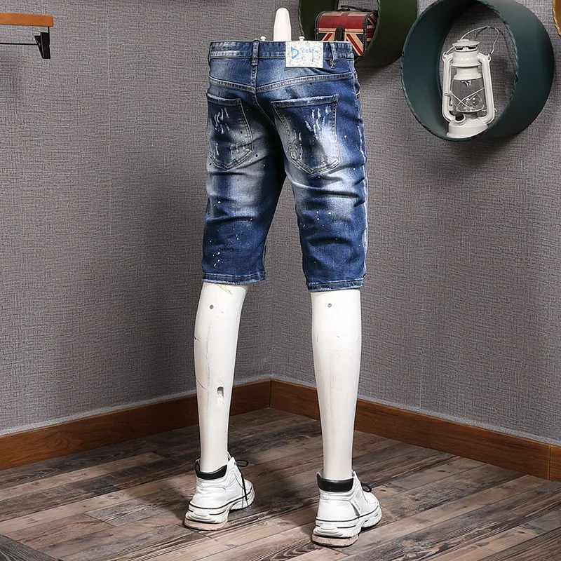 Ripped Denim Shorts Men Fashion Patches Short Jeans Summer Streetwear Casual Dots Printed Blue Stretch Straight Slim Fit Pants