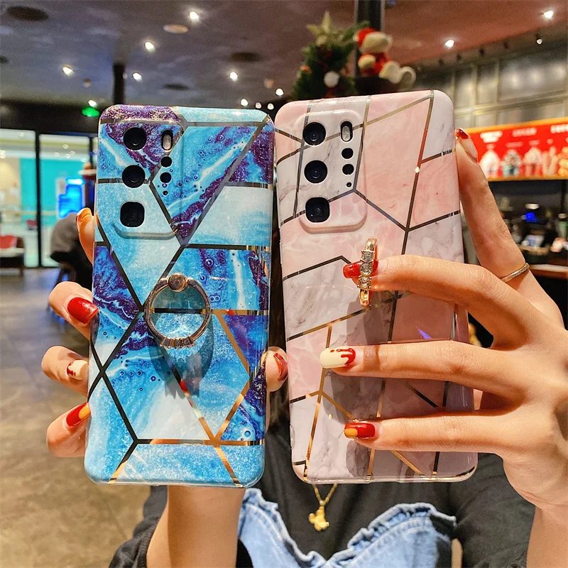 

Diamond Case For Huawei P30 Pro P20 P40 Mate 30 20 Plating Marble Vintage Ring Holder Soft Cover For Honor 20 Pro V20 Silicone
