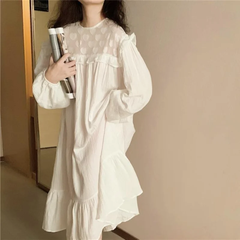 QWEEK Cotton Princess Dress Women White Long Nightie Spring Summer Sleepwear Heart Print Korean Style Breathable Soft Room Wear