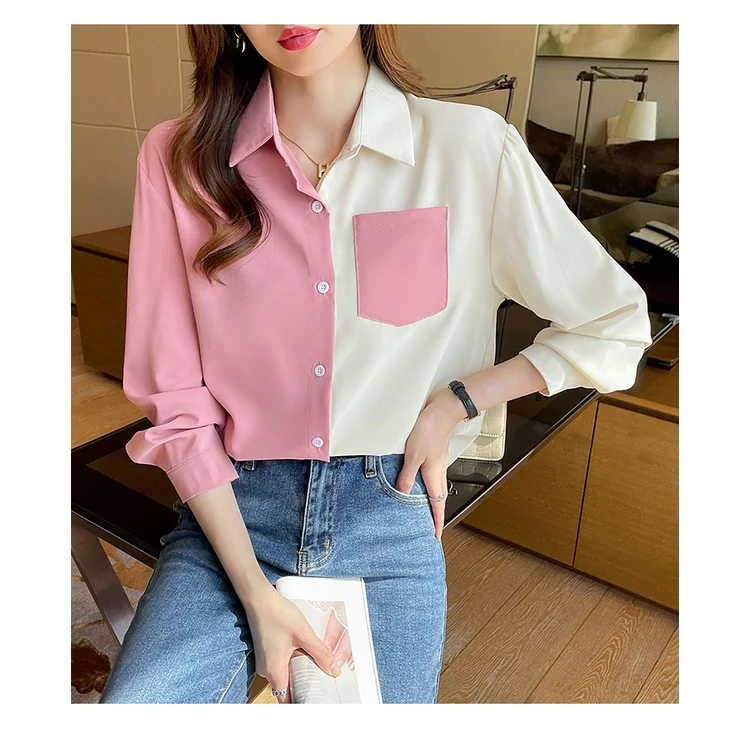 

New all-match loose color matching long-sleeved shirt pocket shirt