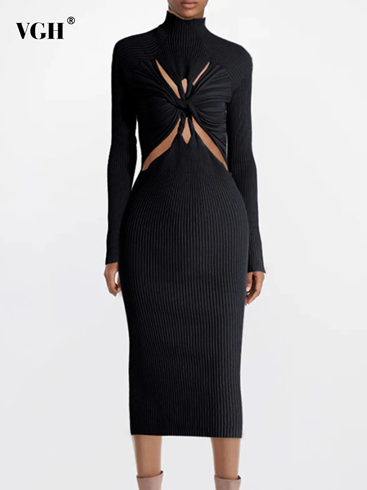 

VGH Pullover Knitting Dresses For Women Half High Collor Long Sleeve High Waist Hollow Out Slim Solid Dress Female Clothes 2023