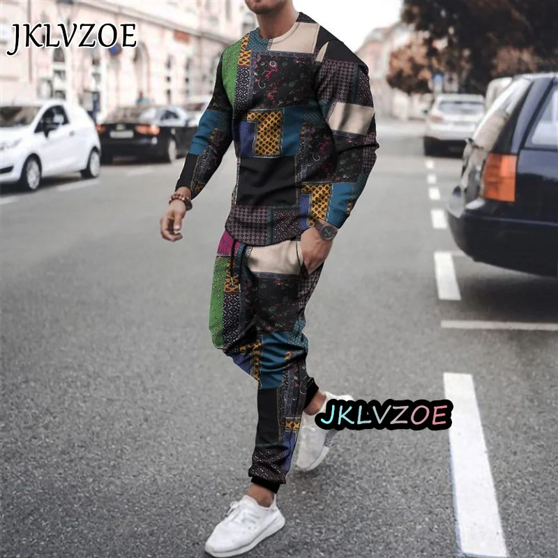 Men's Tracksuit Fashion Streetwear Set Long Sleeved T-shirt Trousers Stripe Casual Jogging Sweatshirt Suit Oversized Sportswear