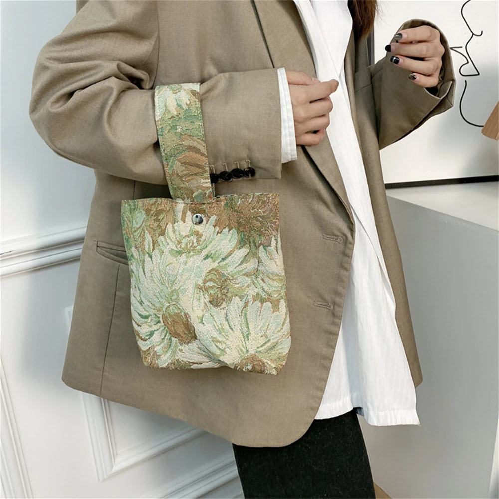 

Винтажная Холщовая Сумка с рисунком картины маслом, сумка Ван Гога, художественная косметичка с подсолнухом, женская сумка-тоут на запястье...