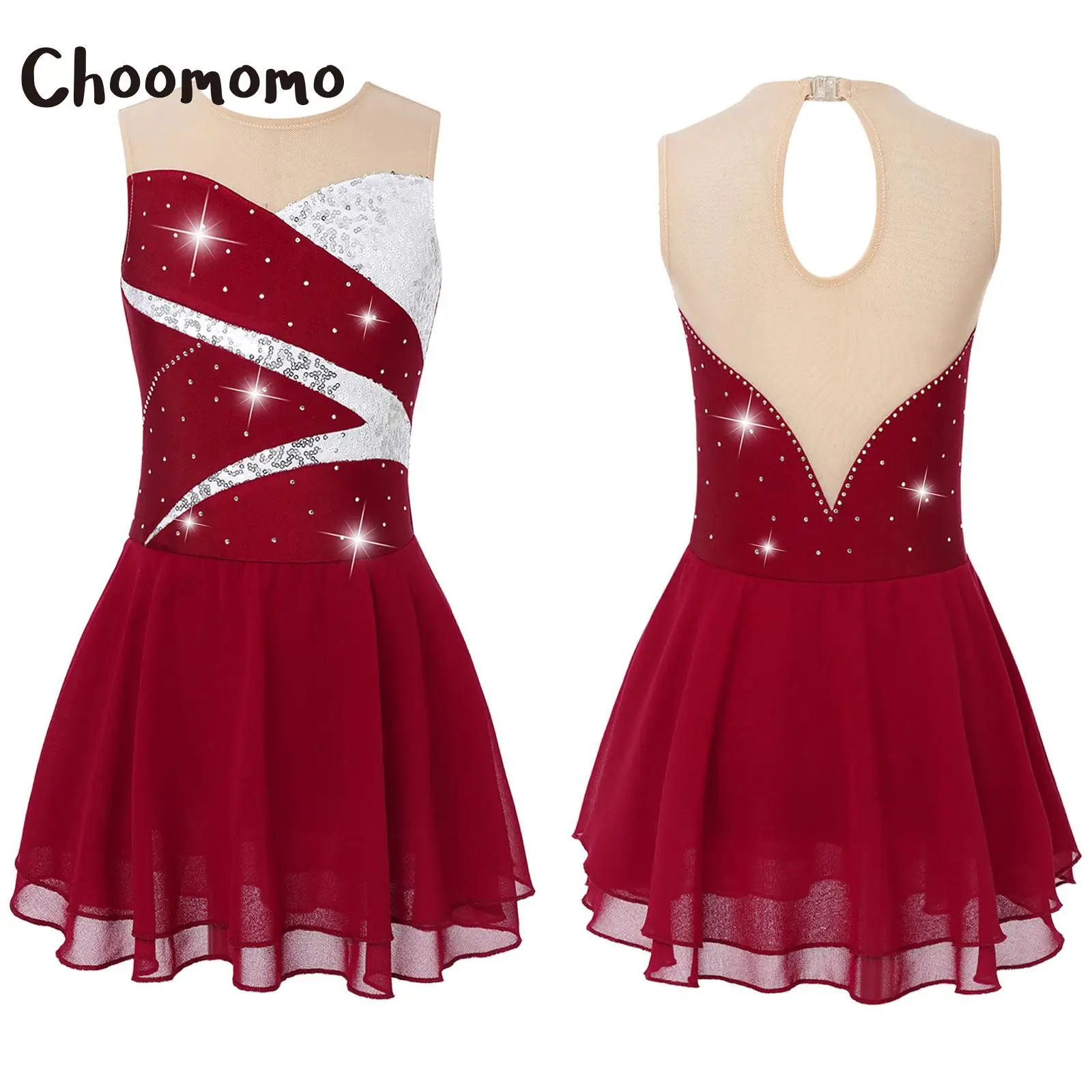

Choomomo Kids Girls 1Pcs Red Sleeveless Shiny Sequins Rhinestone Dance Dress with Briefs Patchwork Style Hollow Back Dance Wears