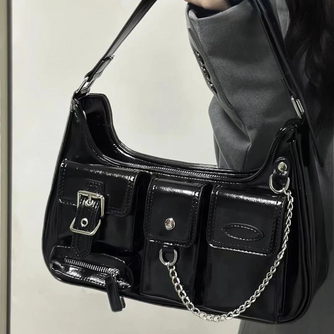 

Y2k Moto Biker Handbags for Women 2023 Gothic Fashion High Street Shoulder Bag Black Patent Leather Casual Coin Purse