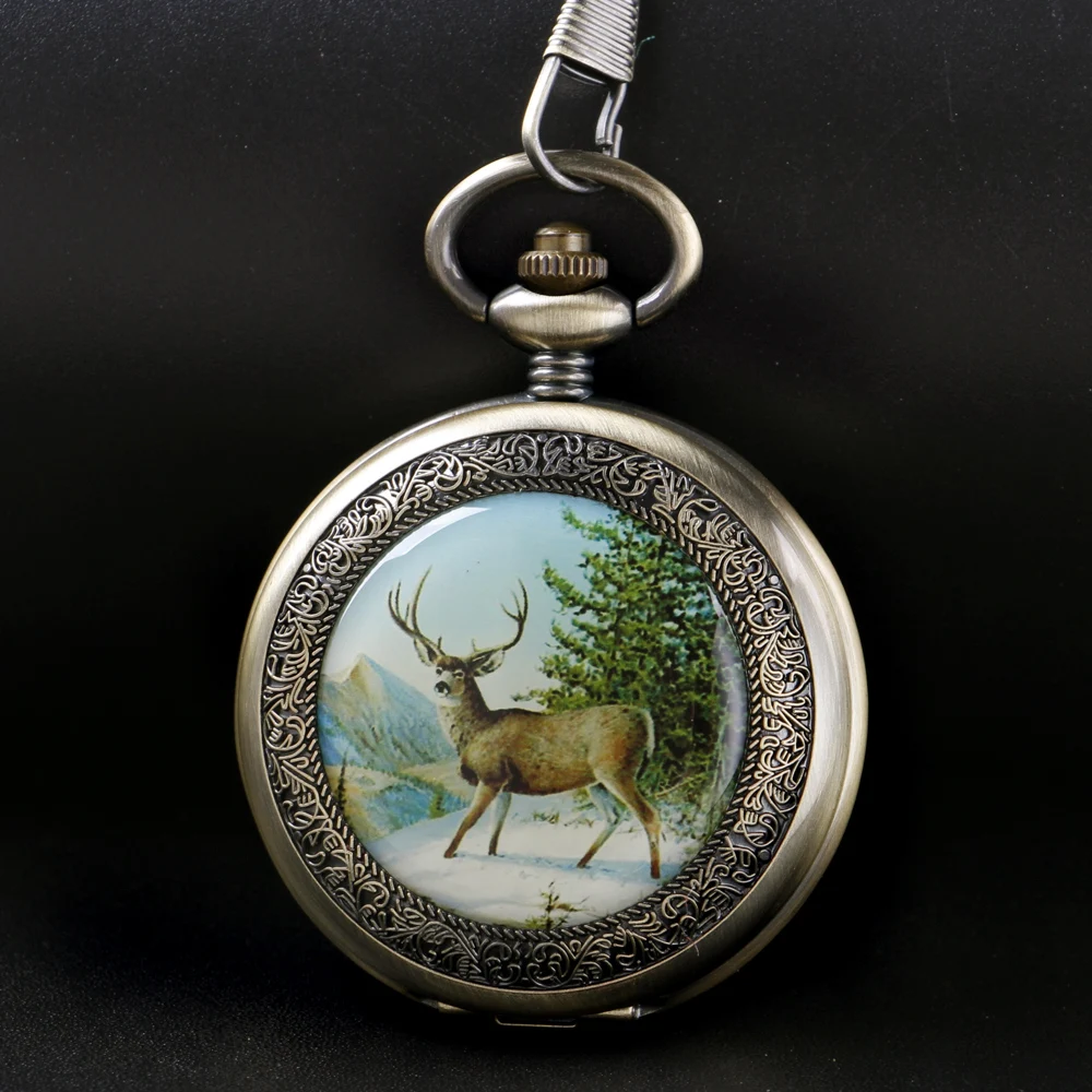 Antique Reindeer Hunter Series Manual Stringed Mechanical Pocket Watch Men's Necklace Pendant Clock Vintage Gentleman Gift