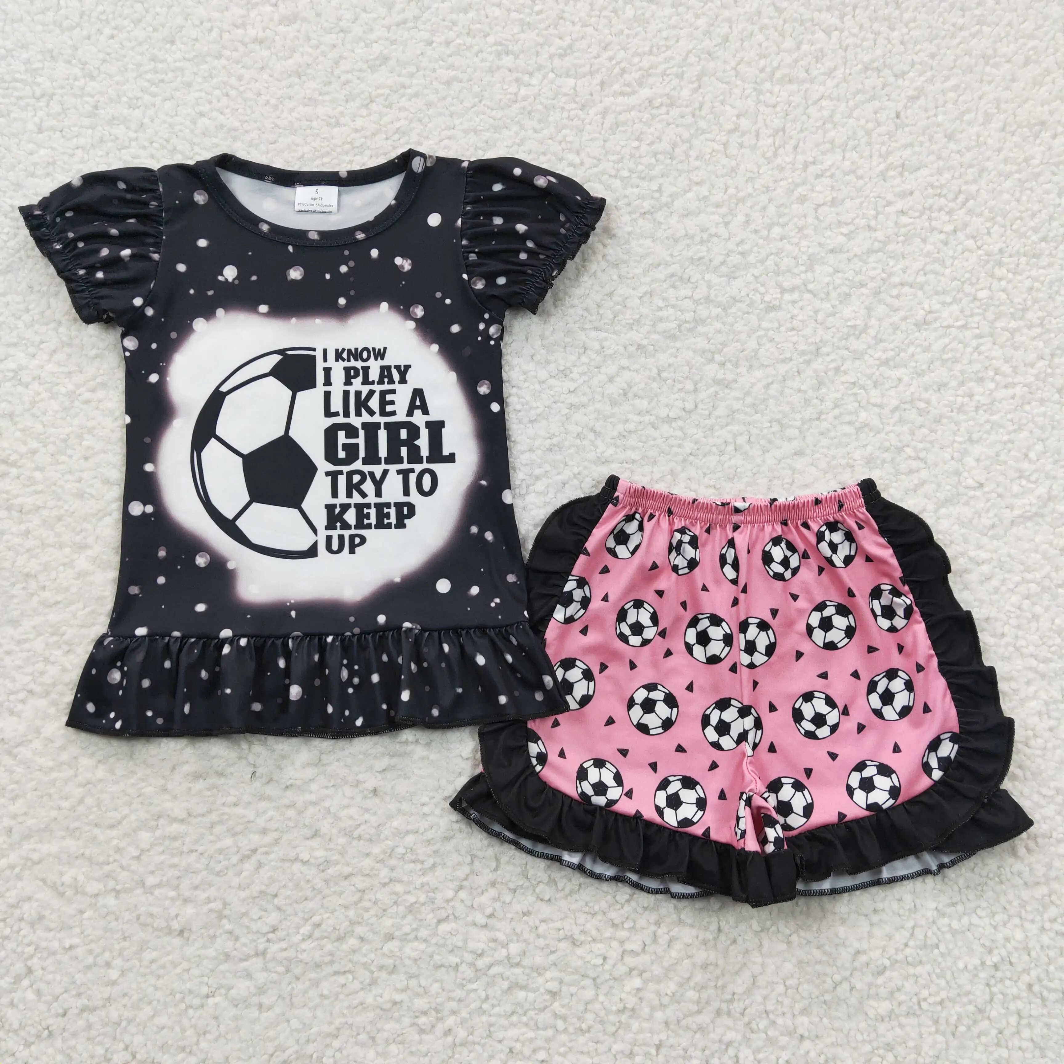 

Baby Girls Keep Football Outfits Boutique Clothing Kids Short Sleeves Summer Shorts Children Black Sets Fashion RTS Clothes