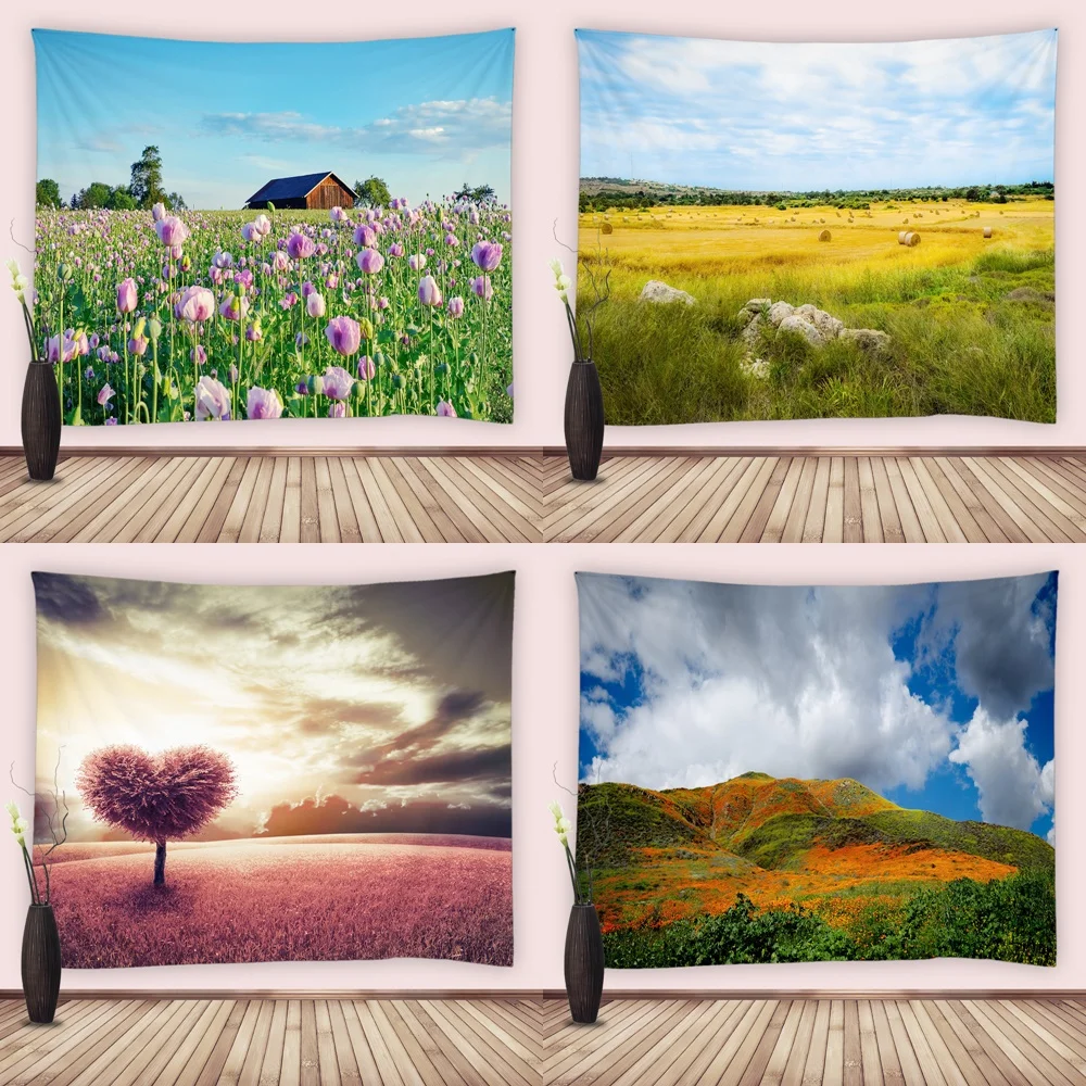 

Rural Natural Scenery Tapestry Wall Hanging Room Decor Pink Flowers Tree Farm Outdoor Field Tapestries Fabric Bedroom Dorm Home