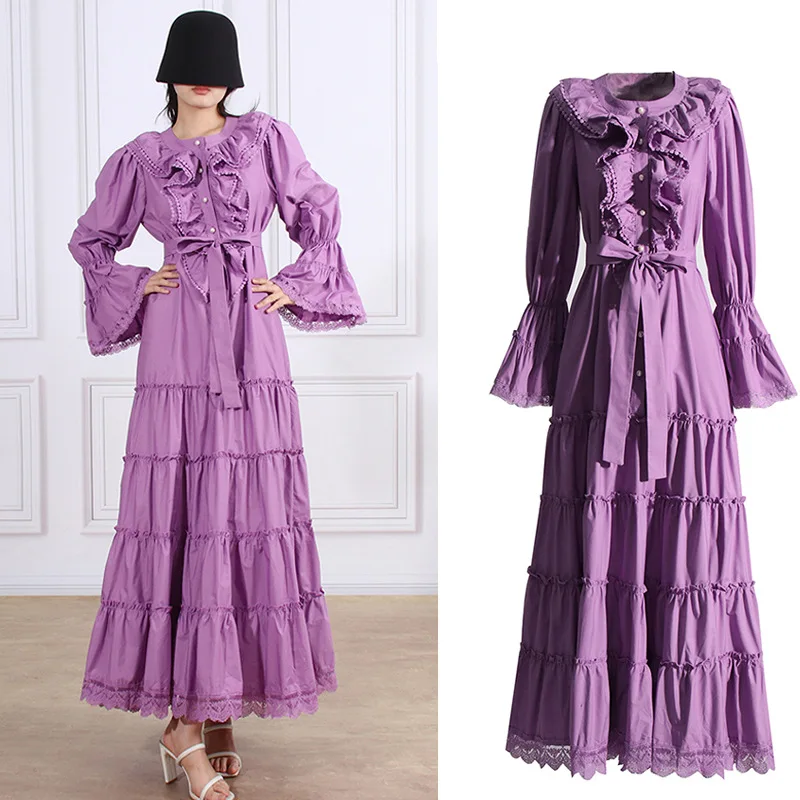 

VANOVICH простой Винтажный стиль 2023 Осень Новый o-образный вырез с расклешенными рукавами кружевное однотонное Длинное Платье женское облегающее платье с оборками