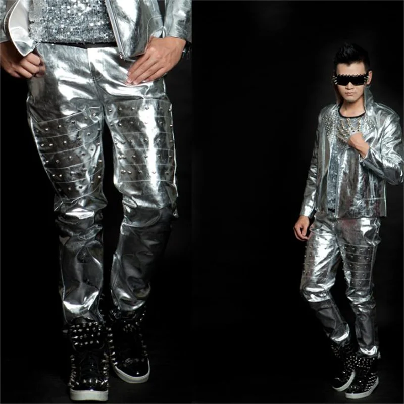 Stage personality men pants silver rivets pant men feet trousers singer dance rock fashion european style pantalon homme