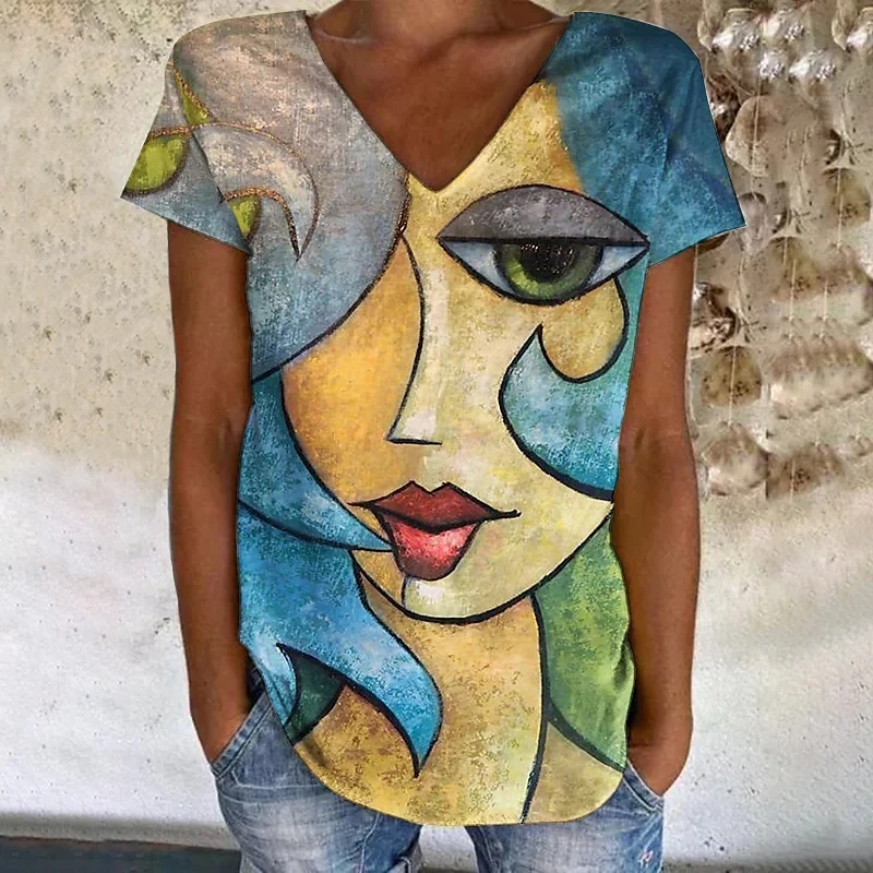 

Футболка женская базовая с V-образным вырезом, базовый топ с абстрактным портретом, Зеленый Синий Фиолетовый/3D принт, лето 2022
