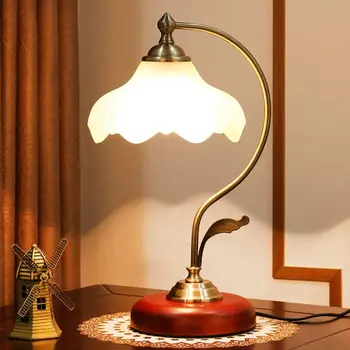 Retro Rustic Table Lamp Vintage Lotus Glass Lampshade Handmade Wooden Base Antique Cute Desk Lamp for Bedroom Bedside Nightstand