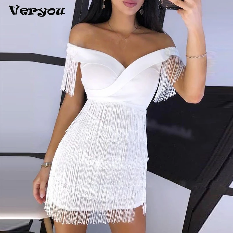 

2022 New One Word Collar White Fringe Celebrity Evening Runway Party Dress Women Sexy Tassels Short Sleeve Club Dress Vestidos