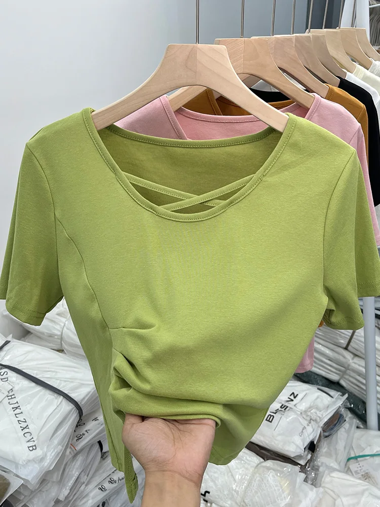 

Женская Винтажная футболка в стиле Харадзюку, зеленая Однотонная футболка в Корейском стиле Y2k, модная футболка с коротким рукавом в стиле 90-х, летняя футболка в стиле гранж