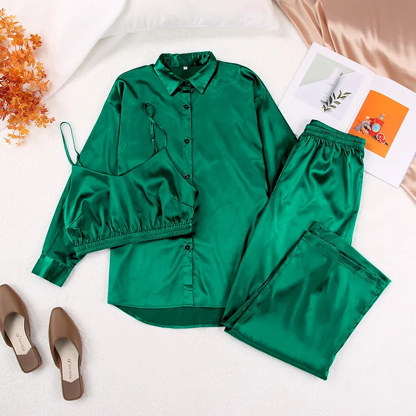 Ladies Silk Satin Sleeping Pyjamas Femme Home Women Winter Women 3 Pieces Sleepwear Pyjama Set Night Pajama