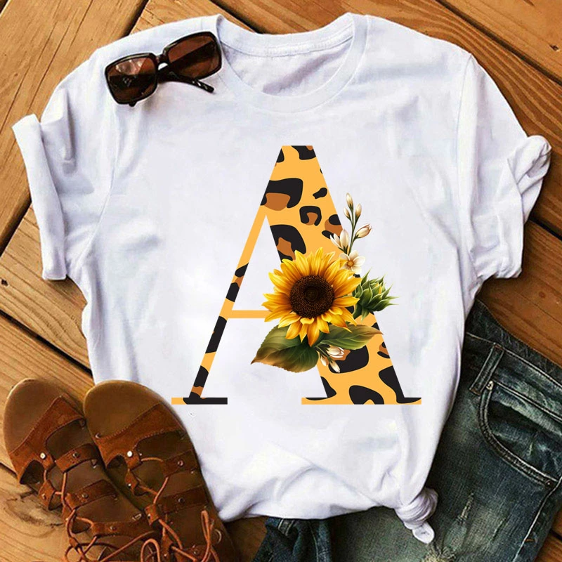 

Leopard Print Sunflower Letter Women's Top Casual Summer Women's Top Short Sleeve Women's Fashion Flower Top 32891