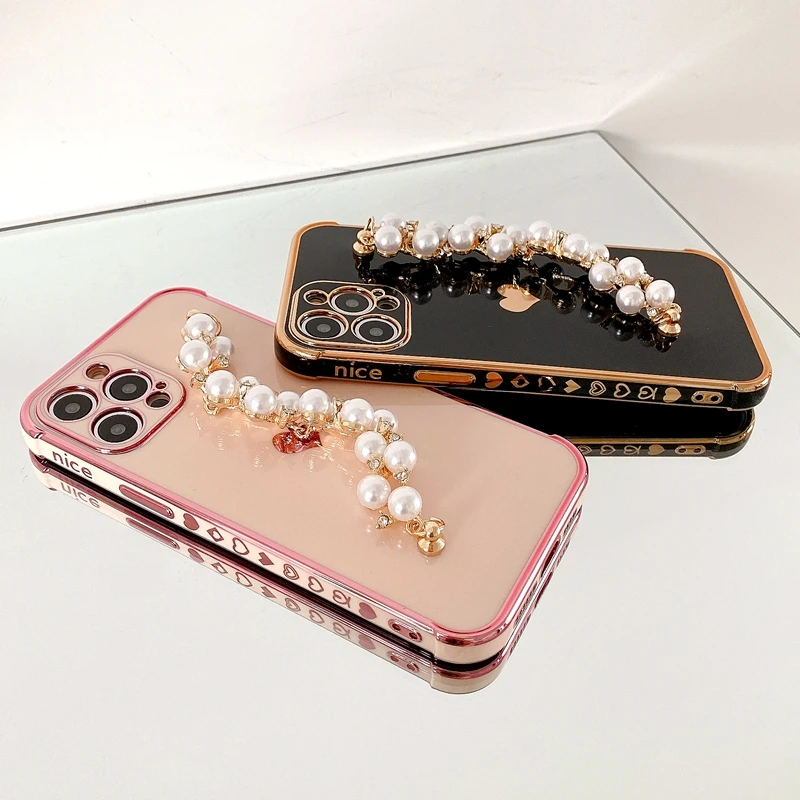 Soft Pearl Bracelet Love Heart Phone Case For iPhone 14 13 12 11 Pro Max X XS XR 8 7 Plus SE Bumper Back Cover