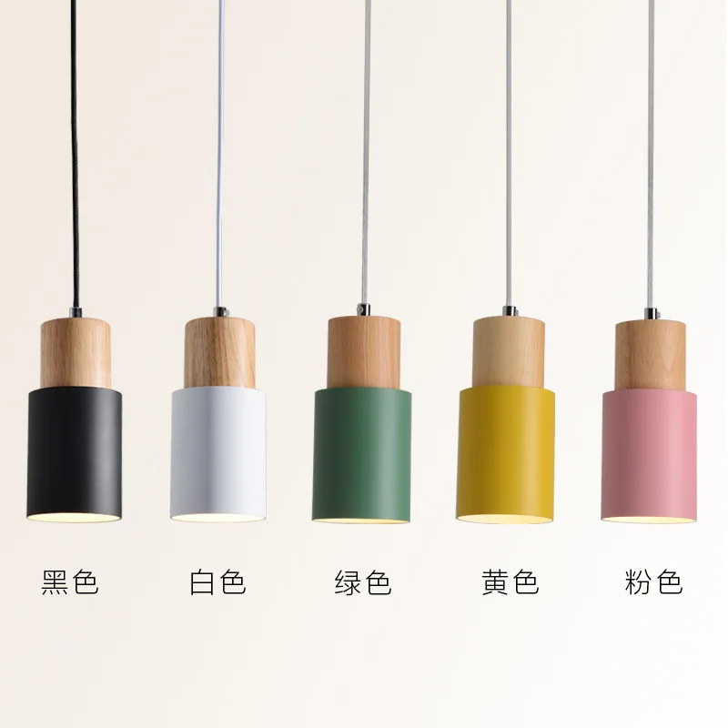 

Creative Bedroom Bedside Macaron Small Wood Pendant Lamp E27 Bulb Chandeliers Simple Dining Bar Living Room Straight Chandelier